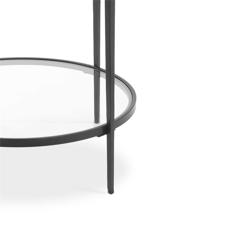 Side End Table- 24 Inch Round Mirrored Top- Open Shelf- Black