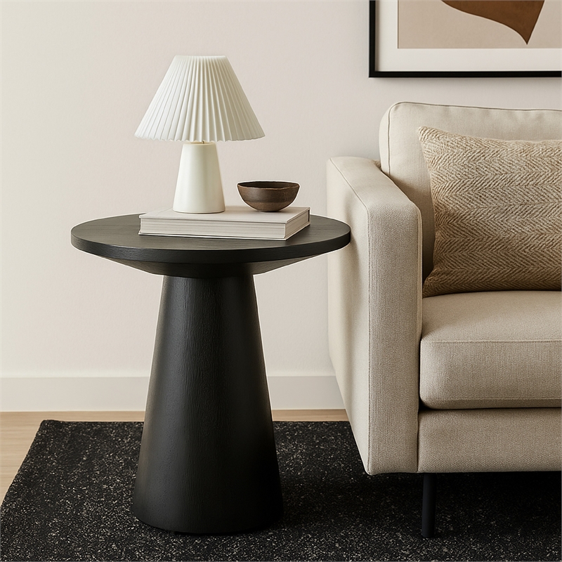 Side End Table- Cone Pedestal Base- 20 Inch Round Top in Black