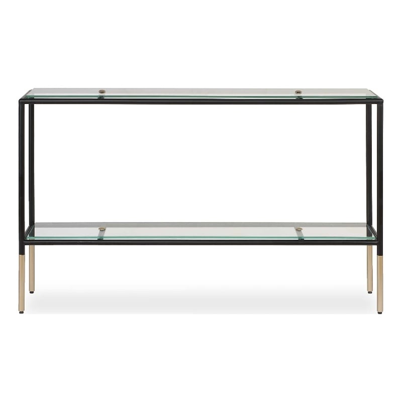 Sofa Console Table- 48 Inch Glass Top- 1 Shelf- Modern Black Iron