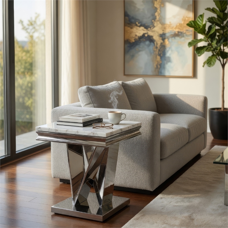 Side End Table- 24 Inch Faux Marble Top- V-Style Chrome Pedestal