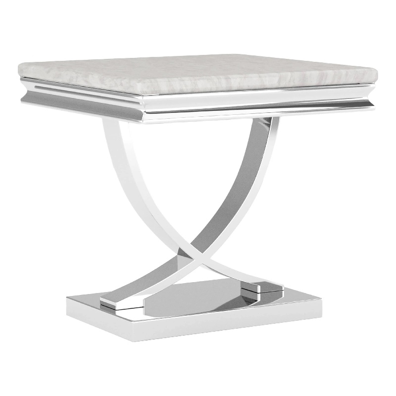 Side End Table- 24 Inch Faux Marble Top- Curved Chrome Pedestal