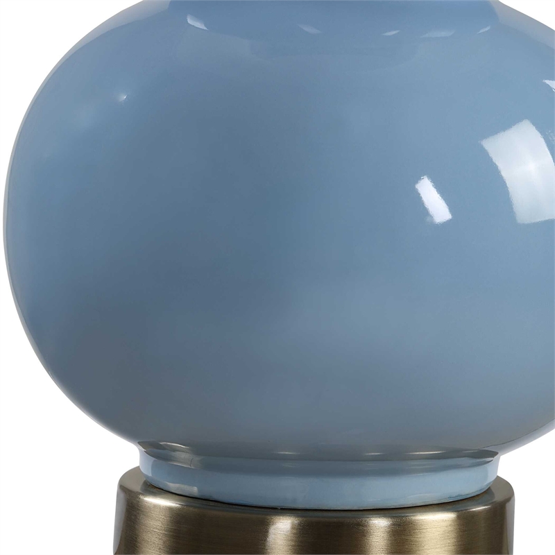Table Lamp- White Linen Shade- Blue Gourd Ceramic Body- 26 Inch
