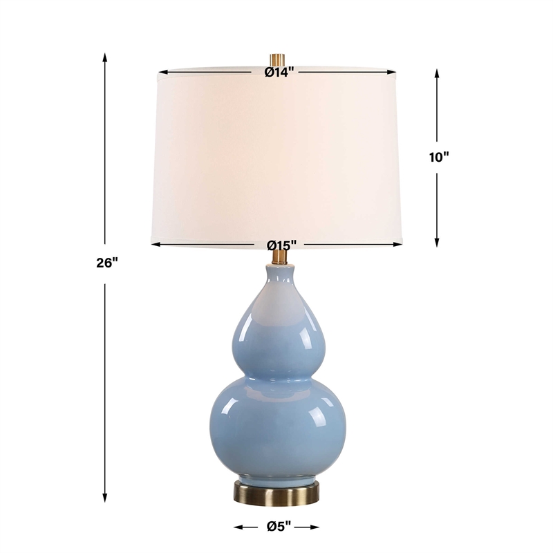 Table Lamp- White Linen Shade- Blue Gourd Ceramic Body- 26 Inch