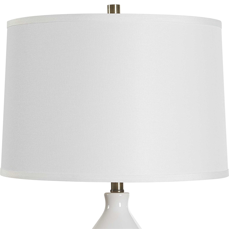 Table Lamp- White Linen Shade- White Gourd Ceramic Body- 26 Inch