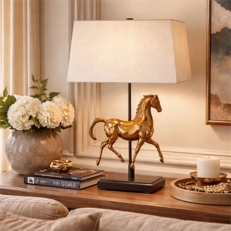 Sculpture Table Lamp- Beige Linen Shade- 29 Inch Black Iron