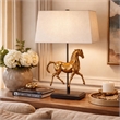 Sculpture Table Lamp- Beige Linen Shade- 29 Inch Black Iron