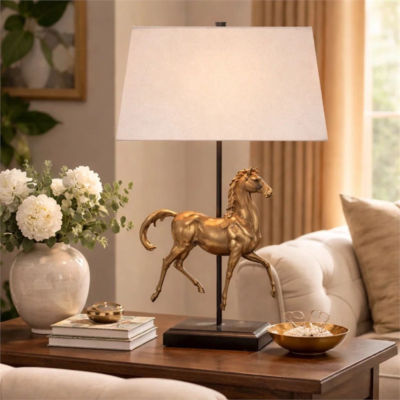 Sculpture Table Lamp- Beige Linen Shade- 29 Inch Black Iron
