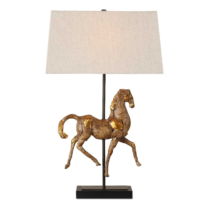 Sculpture Table Lamp- Beige Linen Shade- 29 Inch Black Iron