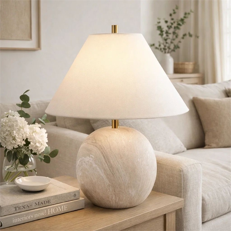 Table Lamp- Water Marble Ceramic and White Linen Shade- 17 Inch