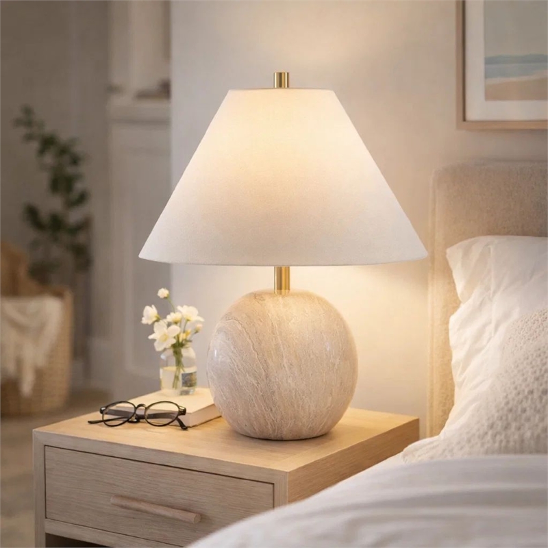 Table Lamp- Water Marble Ceramic and White Linen Shade- 17 Inch