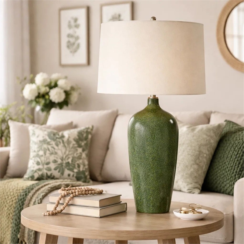 Table Lamp- Beige Linen Shade- Ceramic 28 Inch