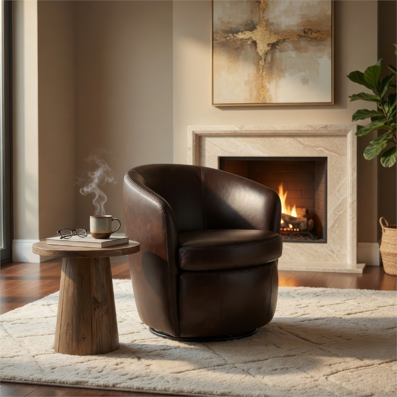 Swivel Barrel Chair with Curved Back- Bronze Top Grain Leather