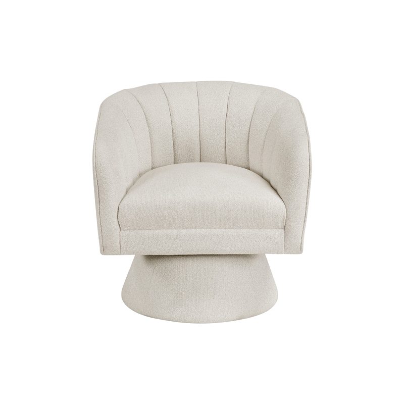 Swivel Accent Chair- Beige Boucle Fabric- Channel Stitched