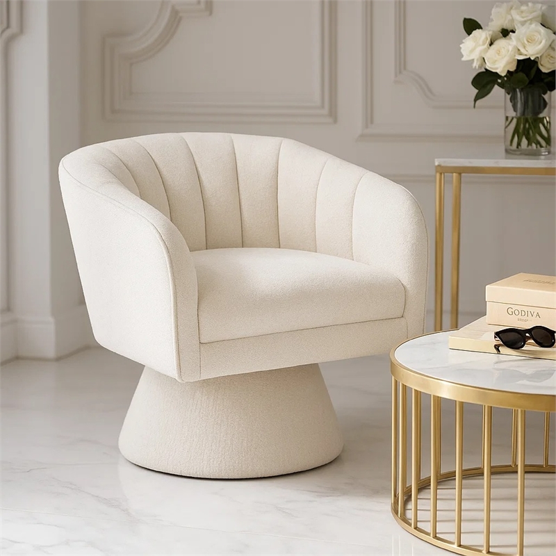 Swivel Accent Chair- Beige Boucle Fabric- Channel Stitched