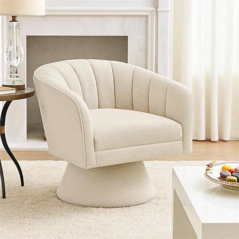 Swivel Accent Chair- Beige Boucle Fabric- Channel Stitched