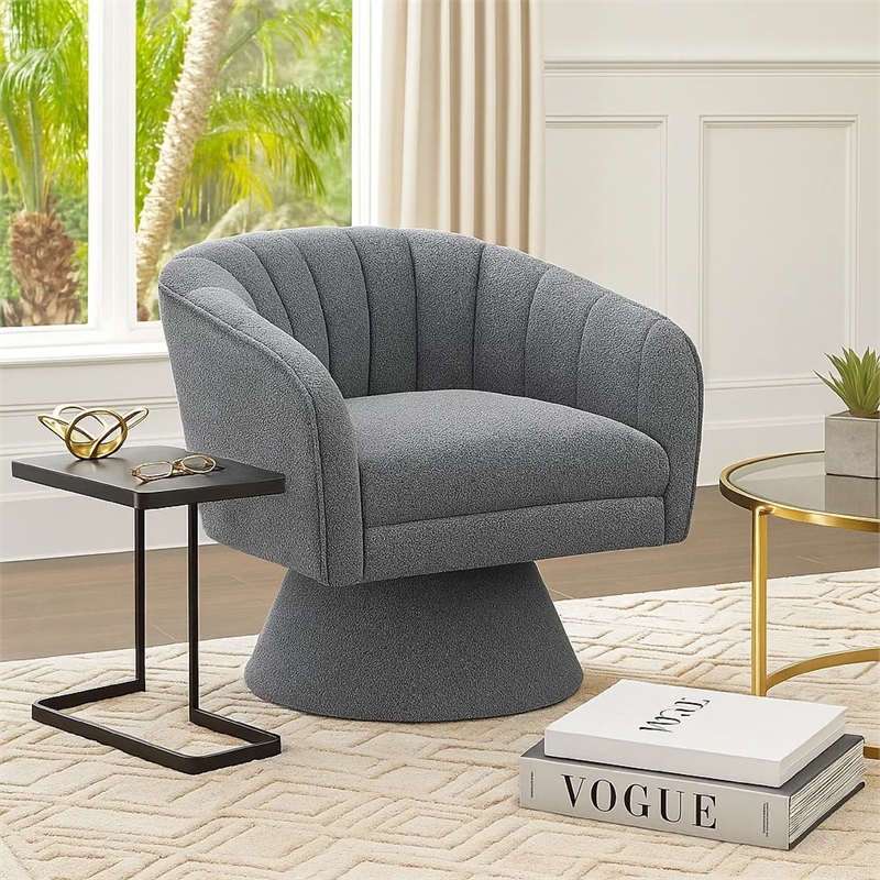 Swivel Accent Chair- Dark Gray Boucle Fabric- Channel Stitched