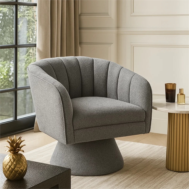 Swivel Accent Chair- Dark Gray Boucle Fabric- Channel Stitched