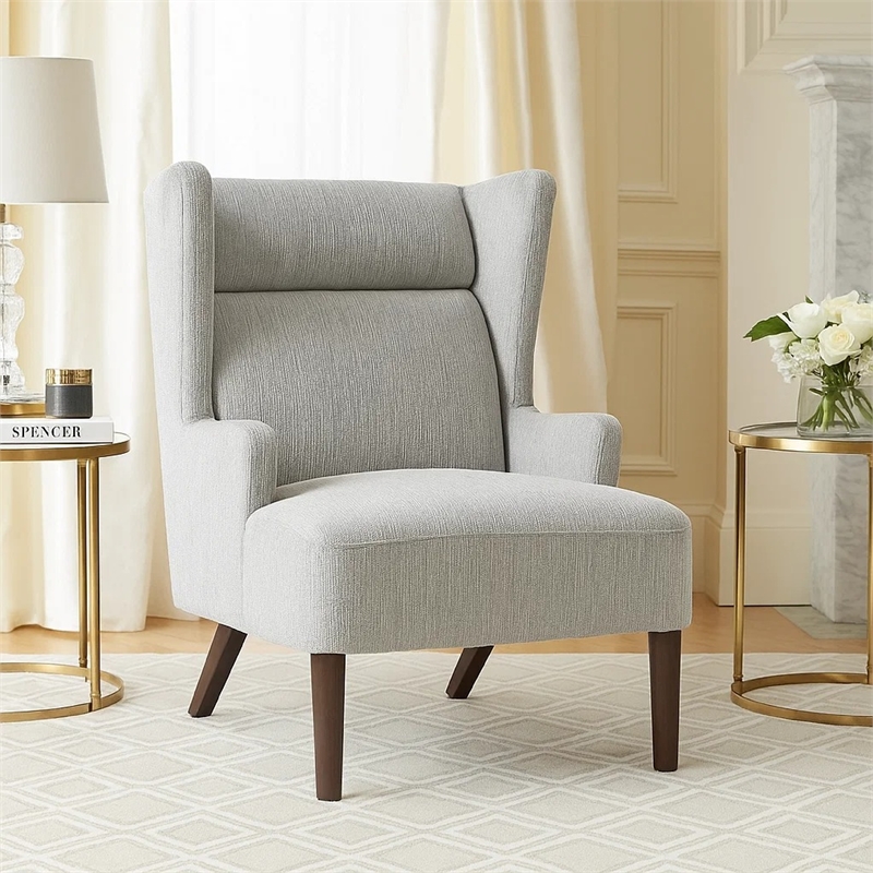Accent Chair- High Wing Backrest- Gray Chenille- Wood Legs