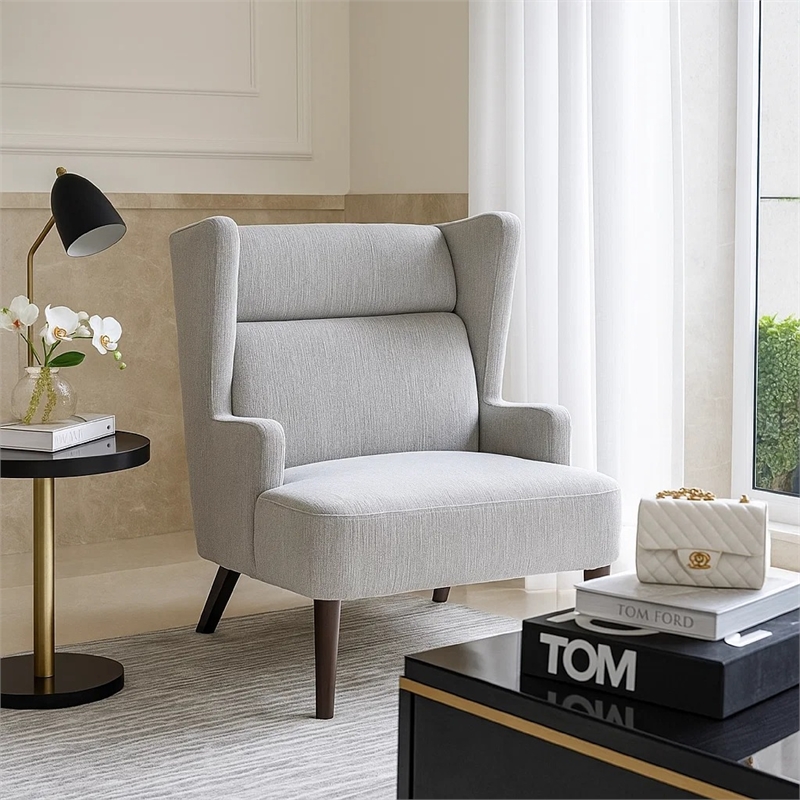 Accent Chair- High Wing Backrest- Gray Chenille- Wood Legs