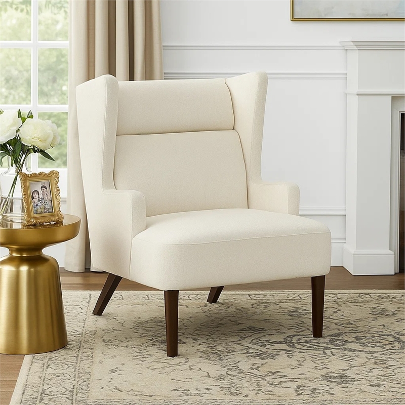 Accent Chair- High Wing Backrest- Beige Chenille- Wood Legs