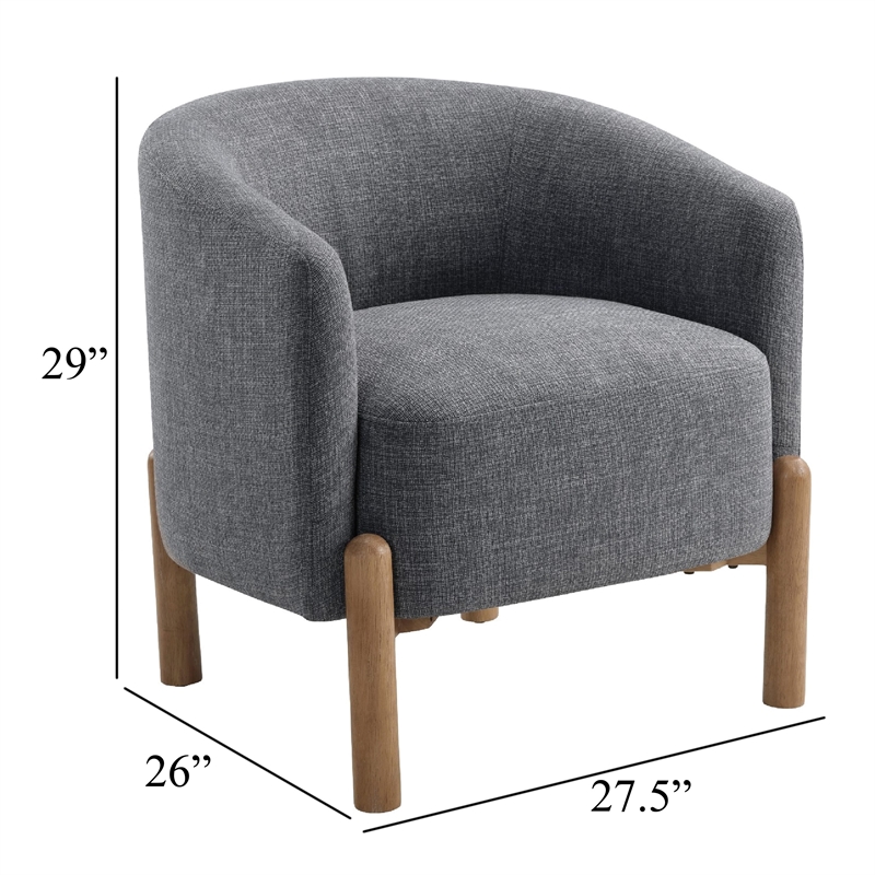 Barrel Style Accent Chair- Gray Polyester- Light Brown Wood Legs