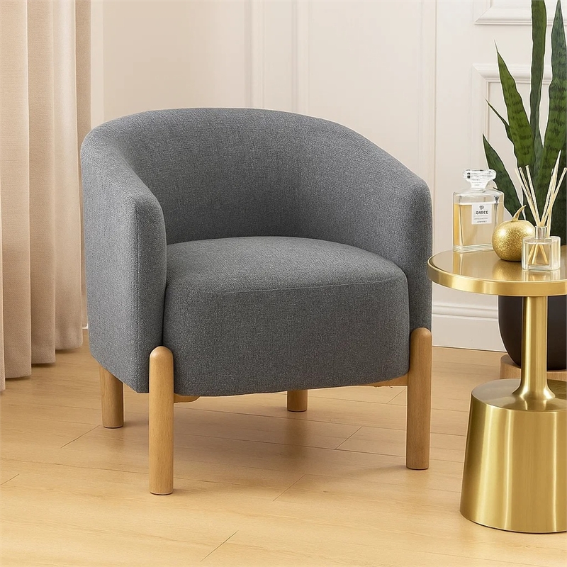 Barrel Style Accent Chair- Gray Polyester- Light Brown Wood Legs