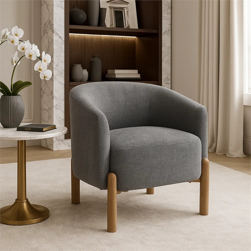 Barrel Style Accent Chair- Gray Polyester- Light Brown Wood Legs