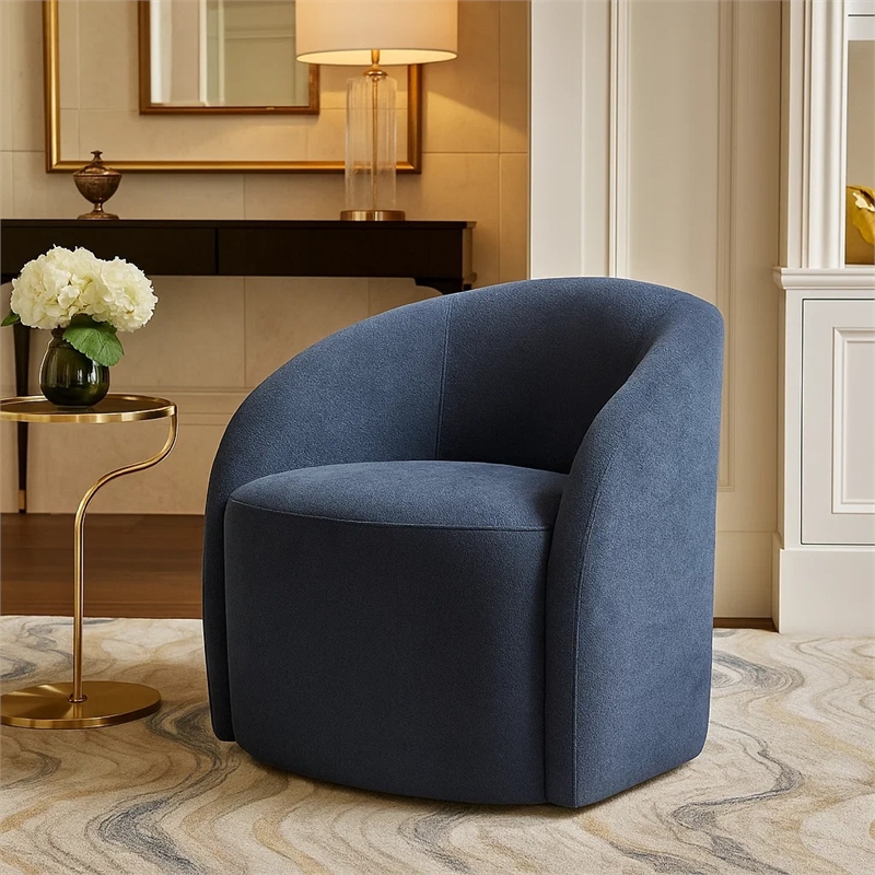 Swivel Accent Chair- Barrel Style- Foam Padded- Modern Blue Boucle