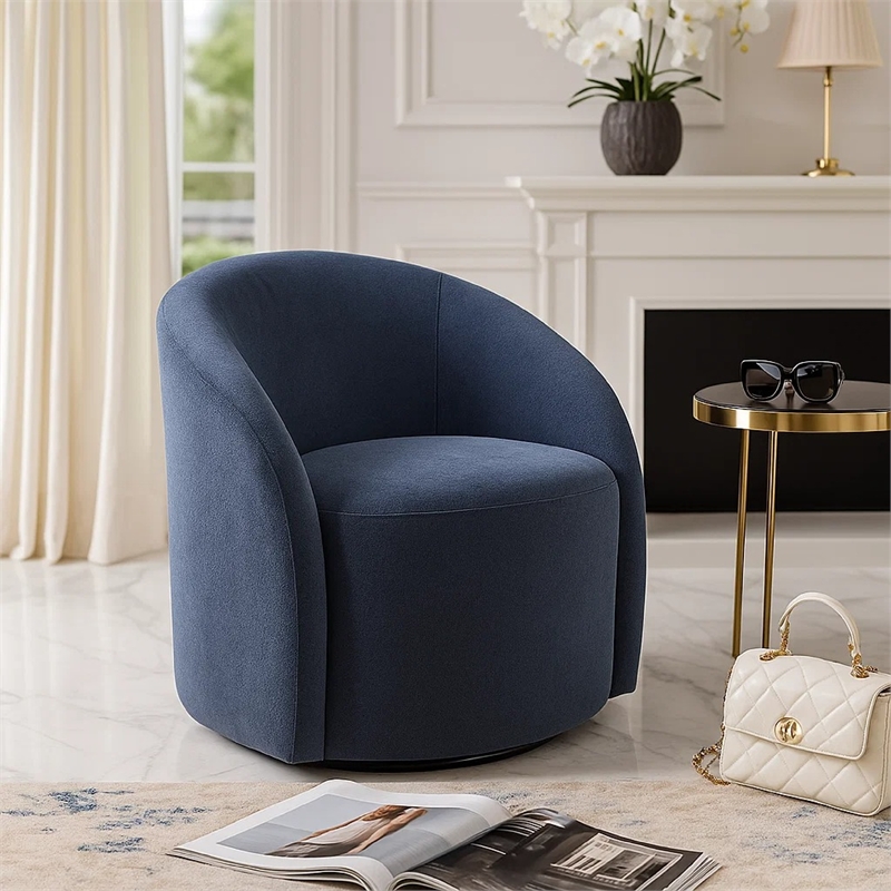 Swivel Accent Chair- Barrel Style- Foam Padded- Modern Blue Boucle