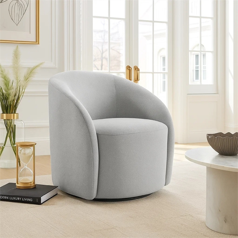 Swivel Accent Chair- Barrel Style- Foam Padded- Light Gray Boucle