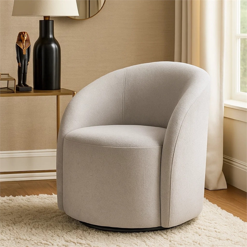 Swivel Accent Chair- Barrel Style- Foam Padded- Light Gray Boucle