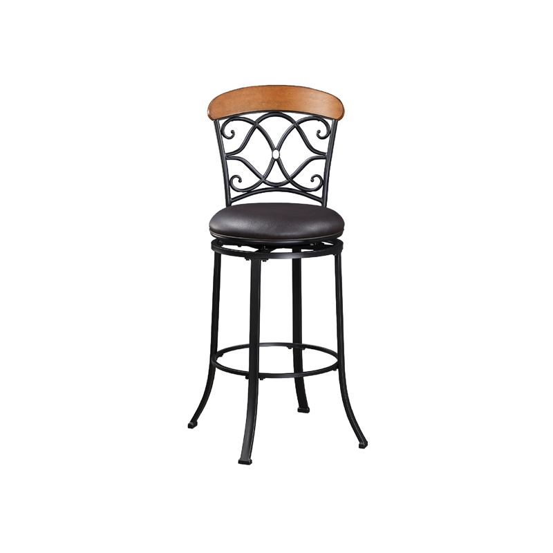 Swivel Bar Height Chair- Scroll Back- Faux Leather- Black Metal