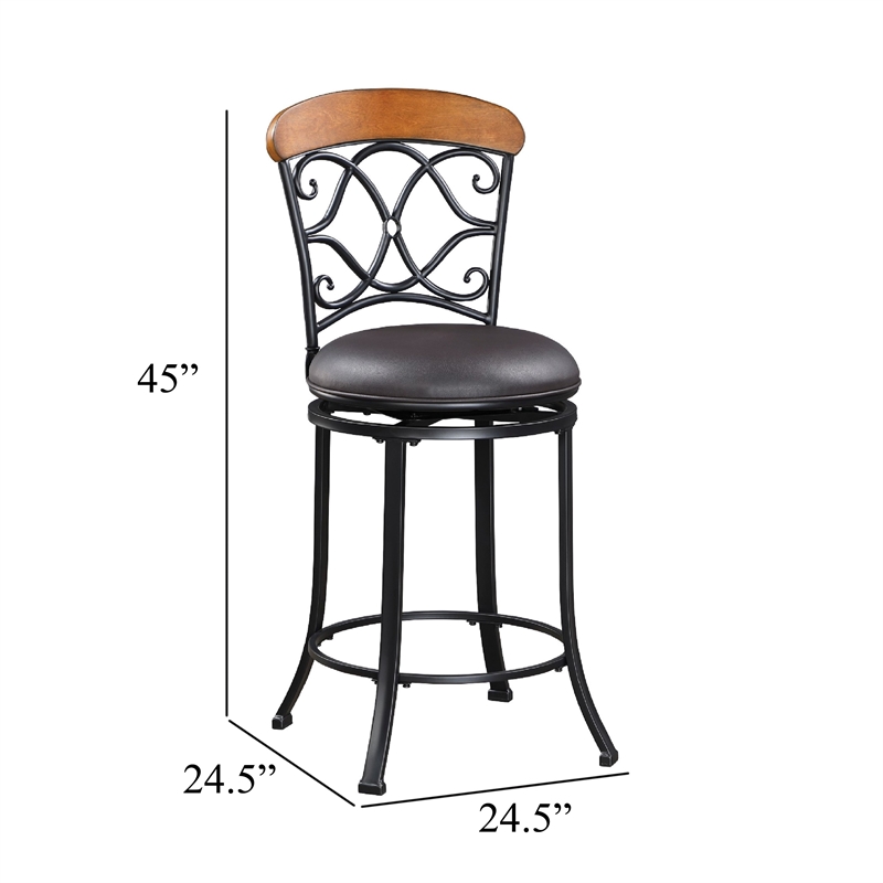 Swivel Bar Height Chair- Scroll Back- Faux Leather- Black Metal
