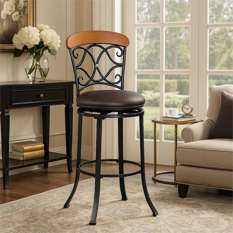 Swivel Bar Height Chair- Scroll Back- Faux Leather- Black Metal