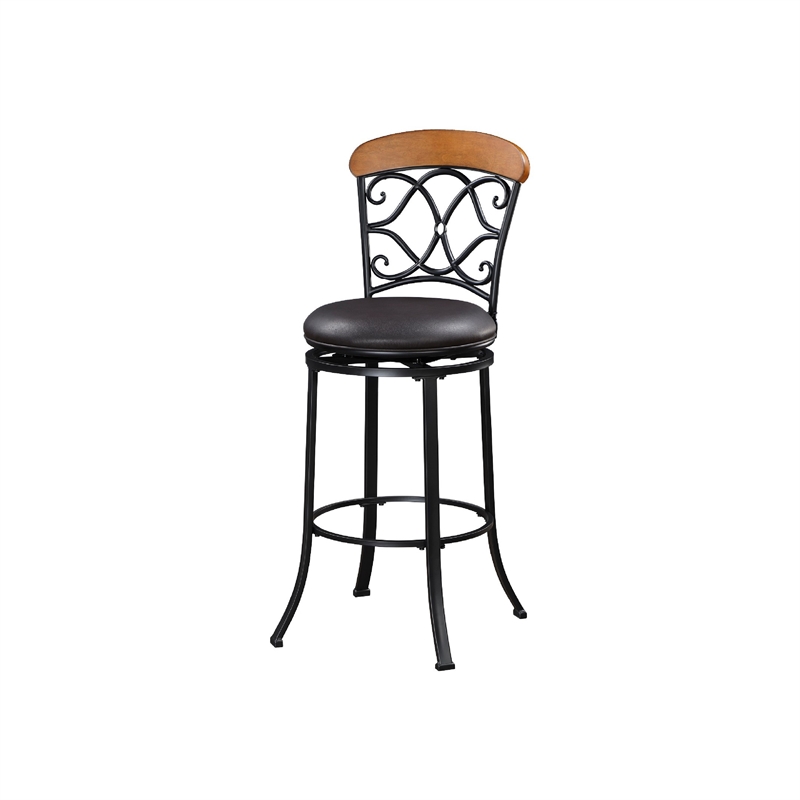 Swivel Bar Height Chair- Scroll Back- Faux Leather- Black Metal