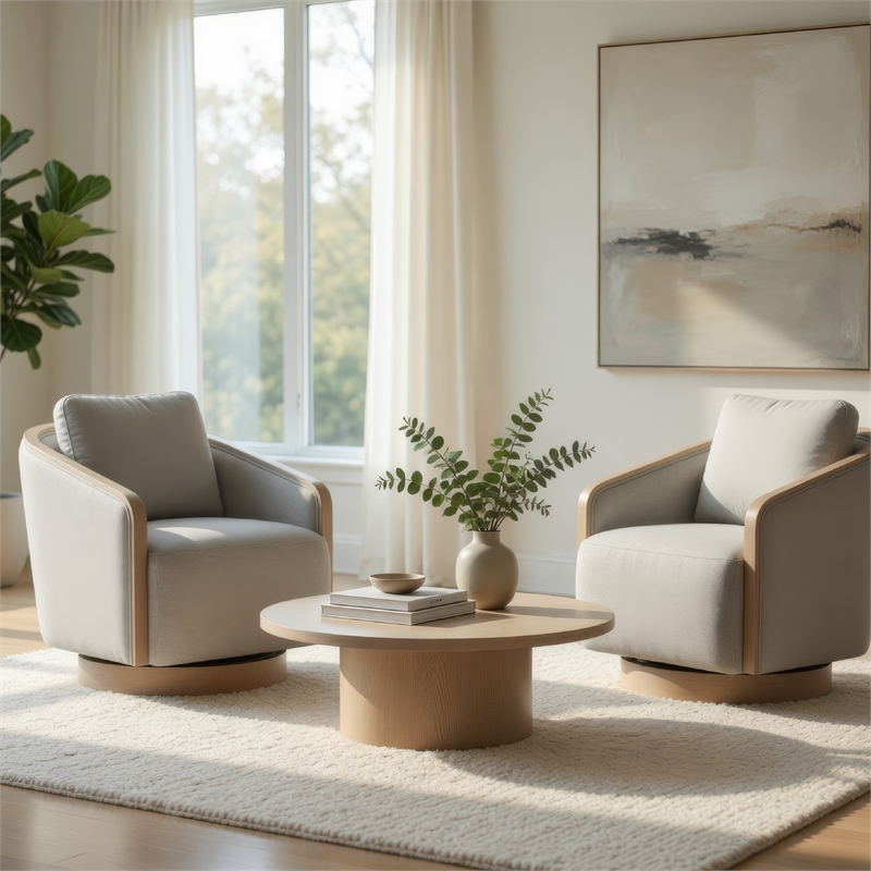 Swivel Accent Armchair- Oak Brown Wood Trim and Base