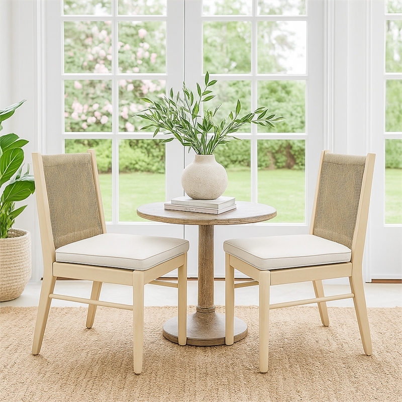 Orry Dining Side Chair Set of 2- Beige Roped Back- Acacia Wood