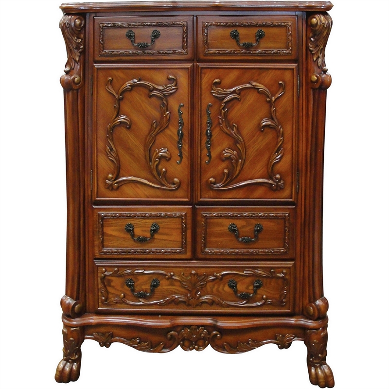 Benjara Wooden Chest With 5 Drawers and 2 Door Cabinets- Cherry Oak Brown