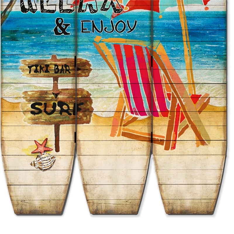 Benjara Lounge & Umbrella Print Surfboard Shaped 3 Panel Room Divider-Multicolor