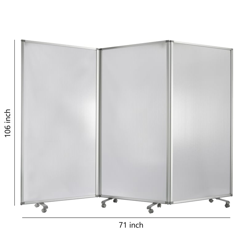 Benjara Accordion Style Plastic Inserts 3 Panel Room Divider with Casters- Gray
