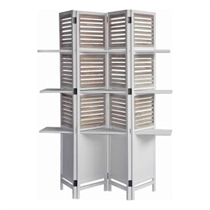 Benjara Contemporary 4 Panel Wooden Screen with Art Styled Shutter Design- White