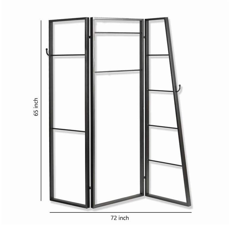 Benjara Modern Style 3 Panel Metal Screen with Hooks and Rod Hangings- Black