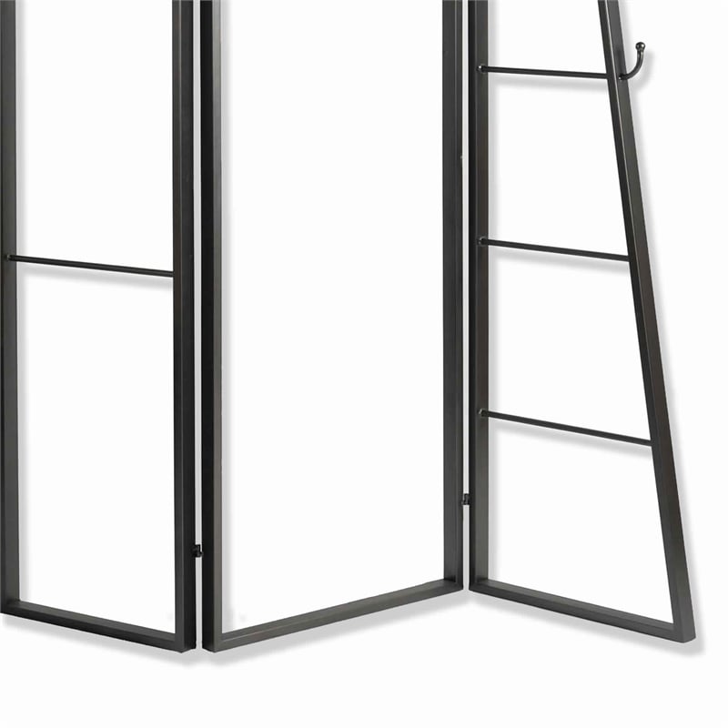 Benjara Modern Style 3 Panel Metal Screen with Hooks and Rod Hangings- Black