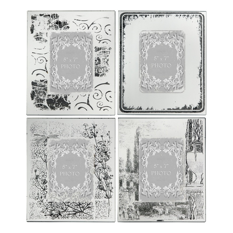 Benjara Modern Etched Wooden Photo Frames- Large- Set of 4- Silver