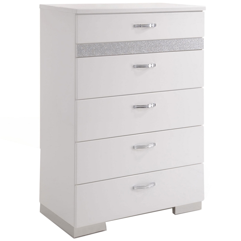 Benjara Chest With Six Center Metal Glide Drawers In White Gloss Finish