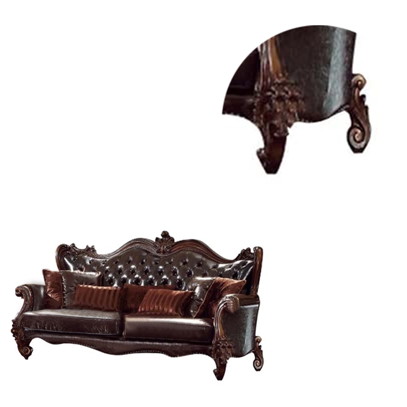 Benjara Curved Button Tufted Back Leatherette Sofa with 7 Pillows- Brown
