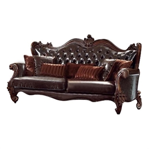 Benjara Curved Button Tufted Back Leatherette Sofa with 7 Pillows- Brown