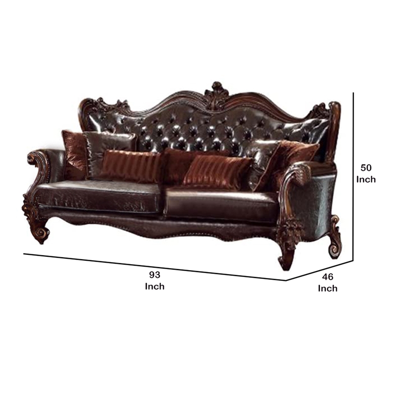 Benjara Curved Button Tufted Back Leatherette Sofa with 7 Pillows- Brown