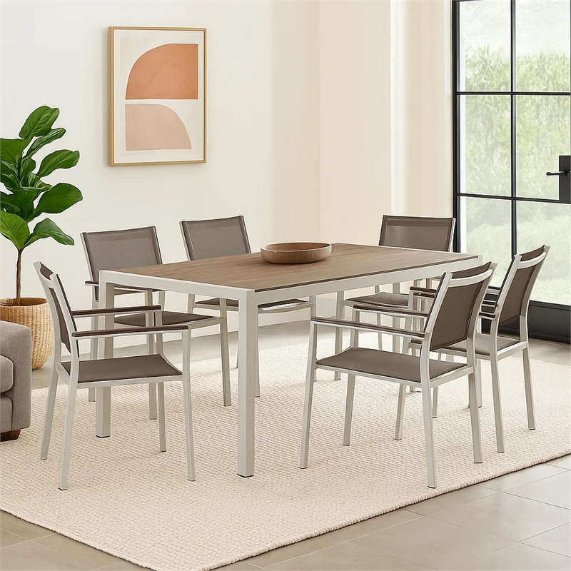 Benjara Aluminum 7 piece Modern Outdoor Dining Set In White/Gray