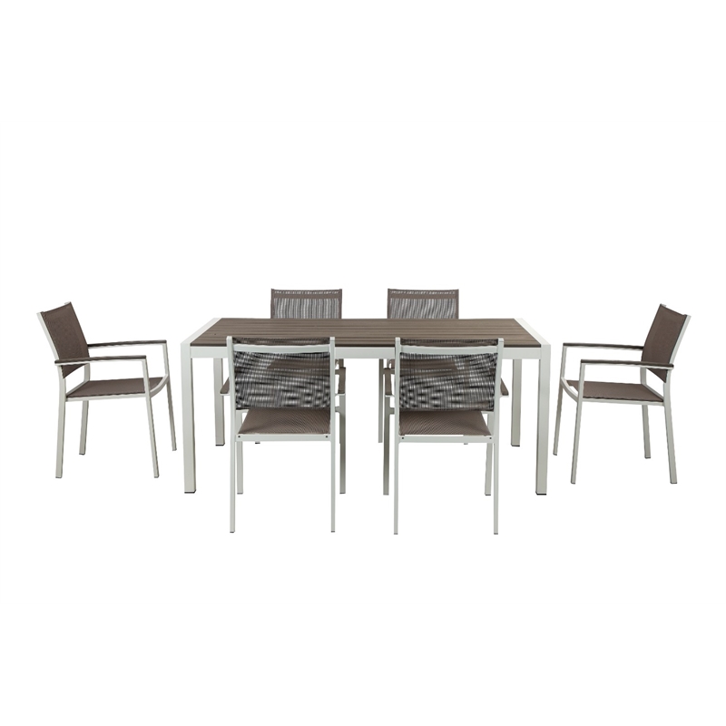 Benjara Aluminum 7 piece Modern Outdoor Dining Set In White/Gray